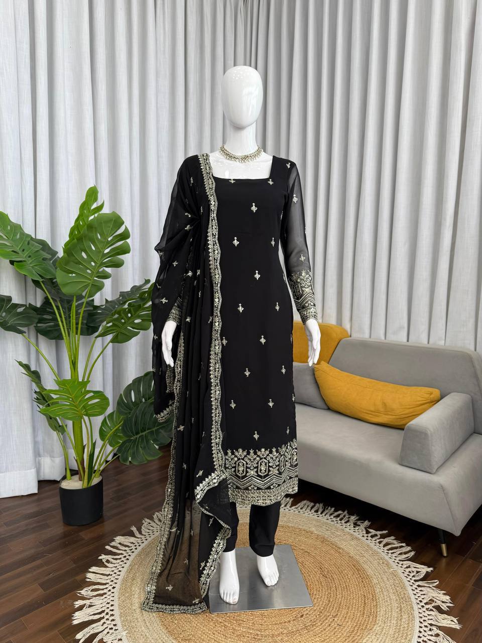 Laksharaa Sarees Georgette Pakistani Salwar Kameez Black Worn by Mannequin