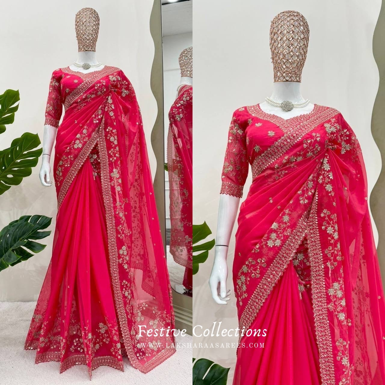 RADHIKA - Pink Partywear Georgette Saree x Beautiful Floral motif