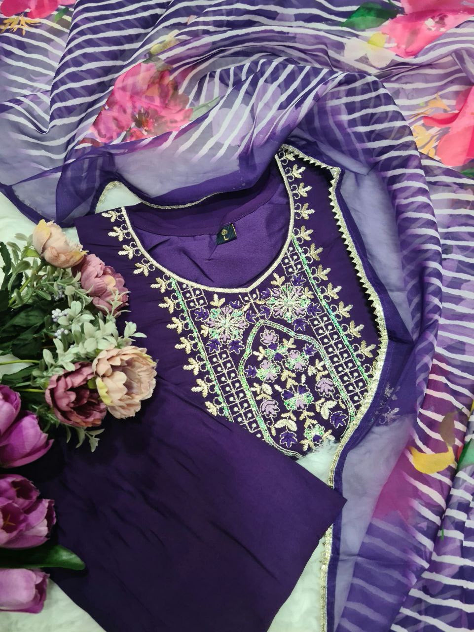 Premium Purple Kurti Set with Grand Neckline