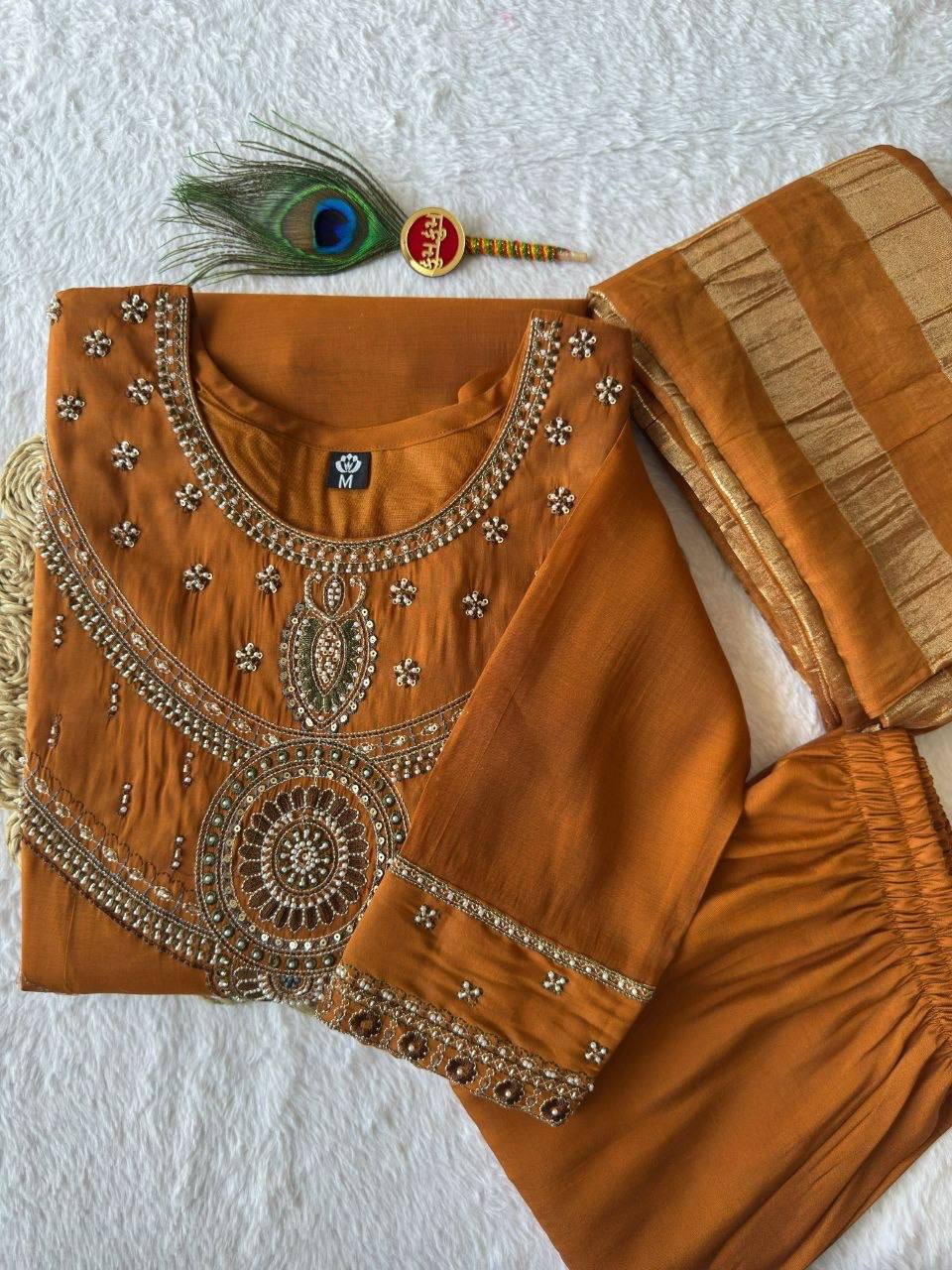 Laksharaa Sarees Festive Chanderi Cotton Kurti Set Burnt Orange Folded Top View