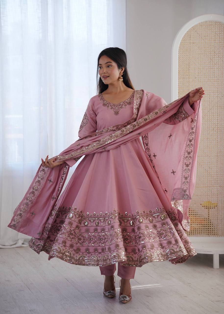 Laksharaa Sarees NAVIRA — Roman Silk Anarkali Suit Dusty Rose Front View