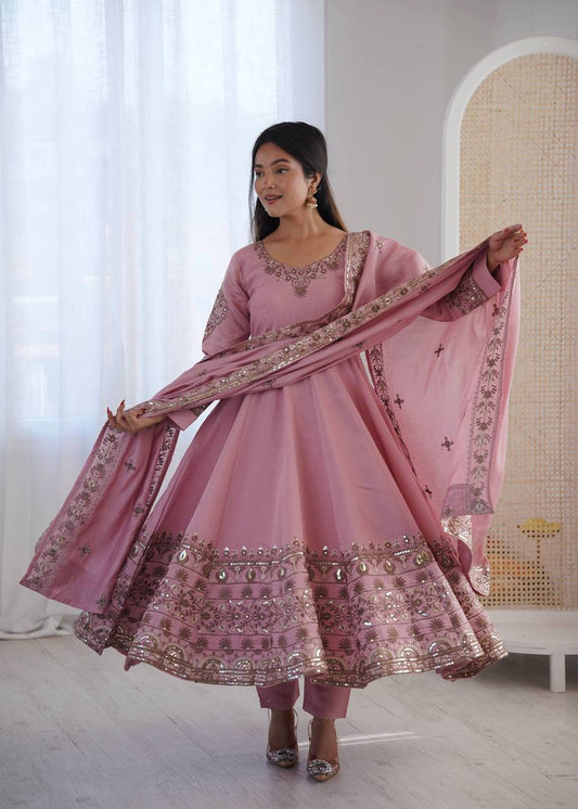 Laksharaa Sarees NAVIRA — Roman Silk Anarkali Suit Dusty Rose Front View