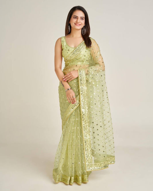 Green x Gold Partywear Net Sequinned Saree