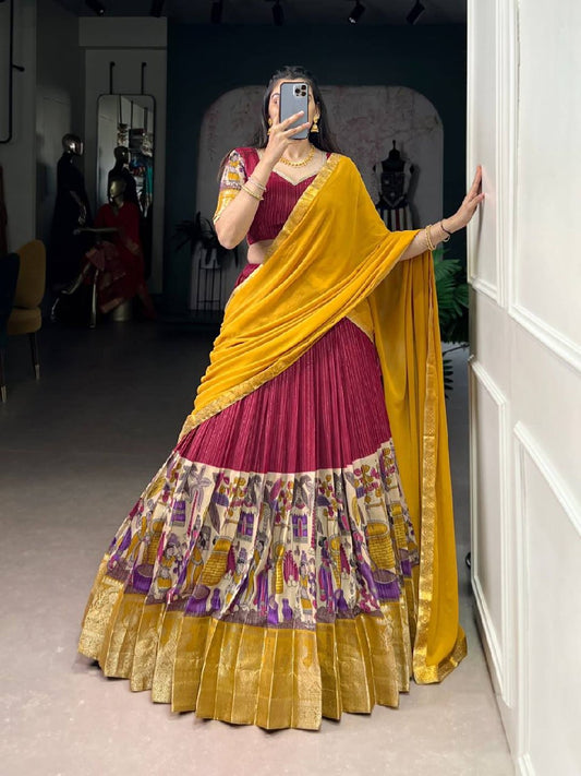 Laksharaa Sarees Kalamkari Chanderi Silk Half Saree Lehenga Maroon