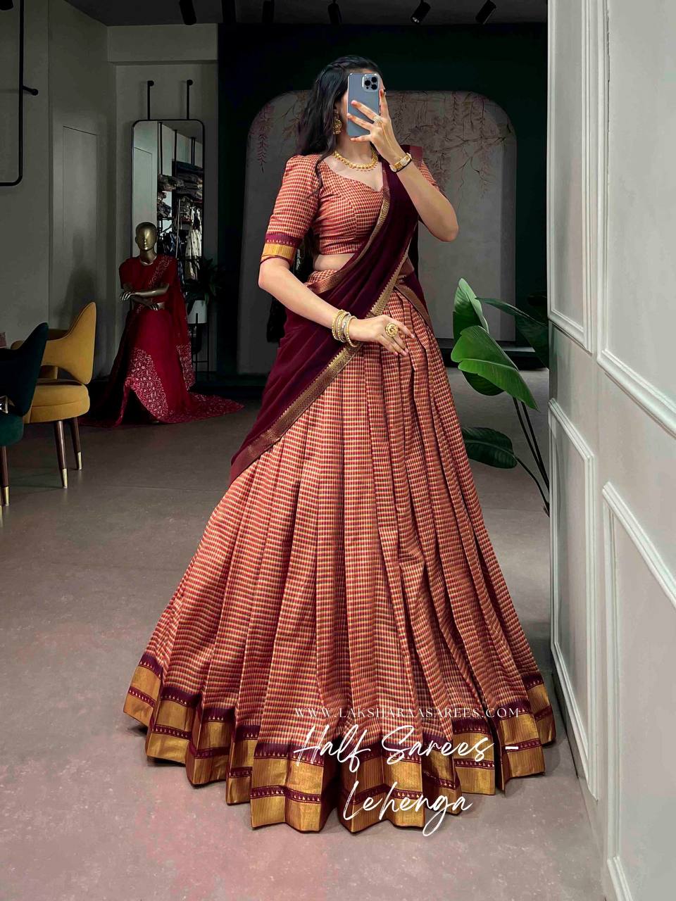 Laksharaa Sarees VENBA South Special Kanchi Cotton Half Saree Lehenga Burgundy and Cream Front View with Dupatta Drape