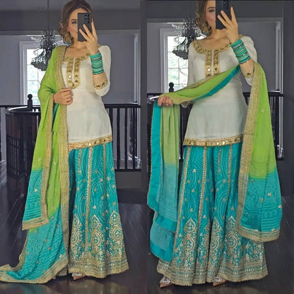 Beautiful Green x White Pallazo Designer Suit