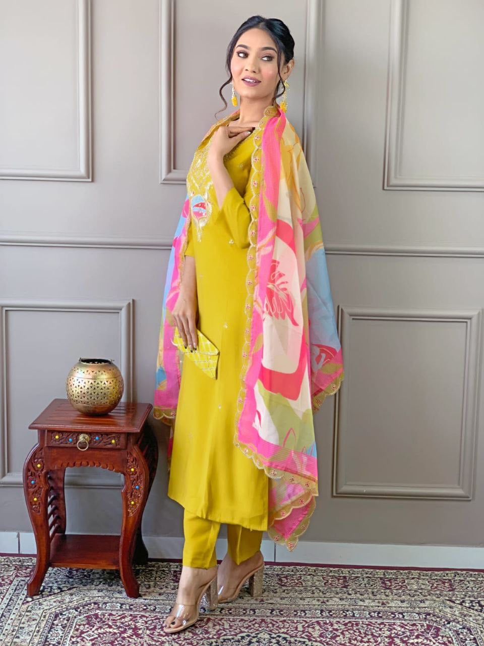 Premium Mustard Kurti Set with Grand Neckline