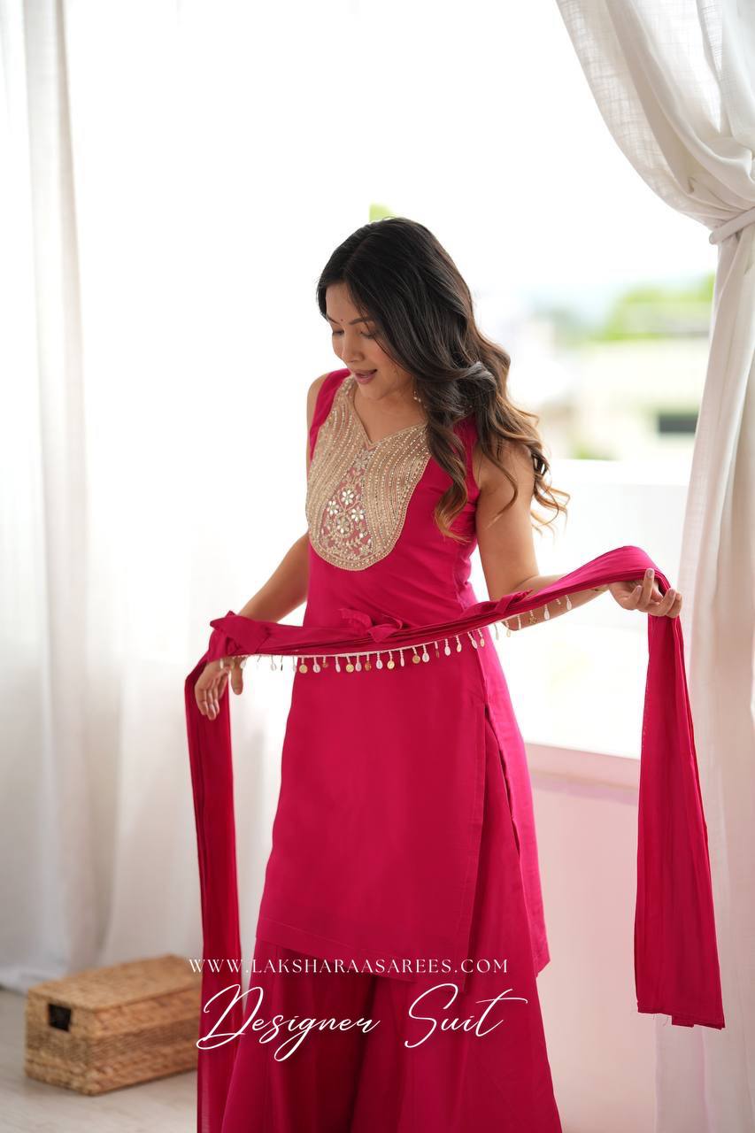 Laksharaa Sarees VARSHI Rani Pink Sharara Suit with Bow Shawl Front View Holding Shawl