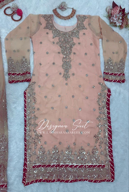 MAVISHA — Peach x Maroon Premium Pallazo Designer Suit