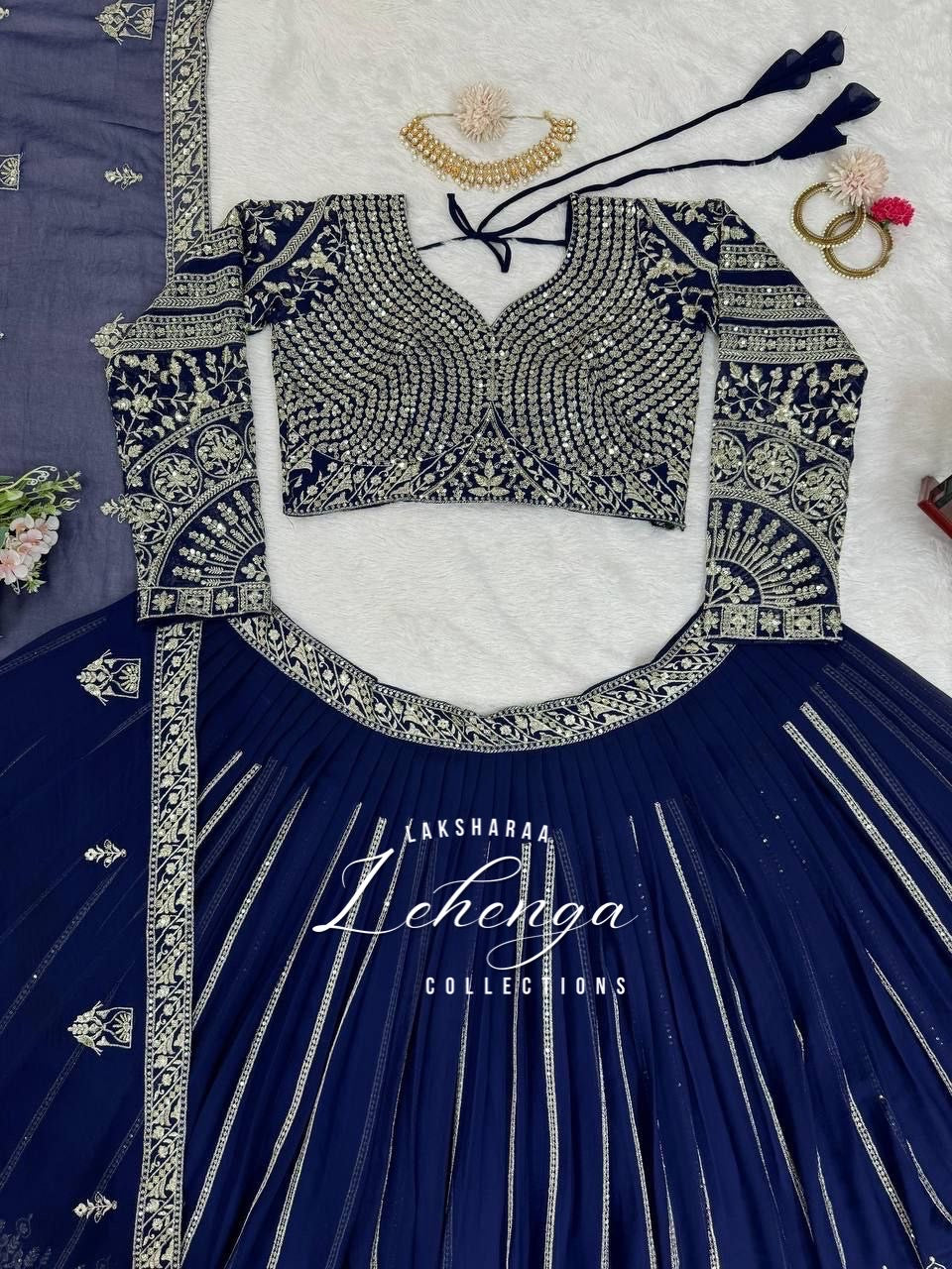 LEAA — Premium Blue Lehenga x Green Work Blouse