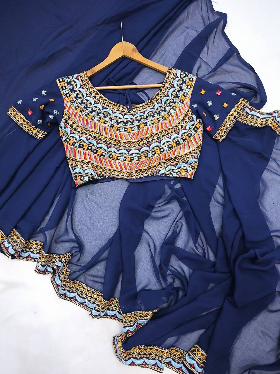 Navy Blue Readymade Saree x Stitched designer blouse