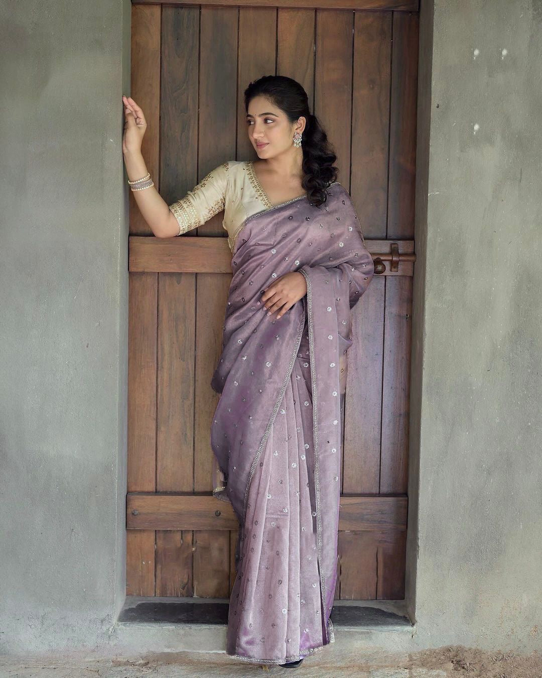 Shimmer Purple Net Saree x Readymade White Blouse