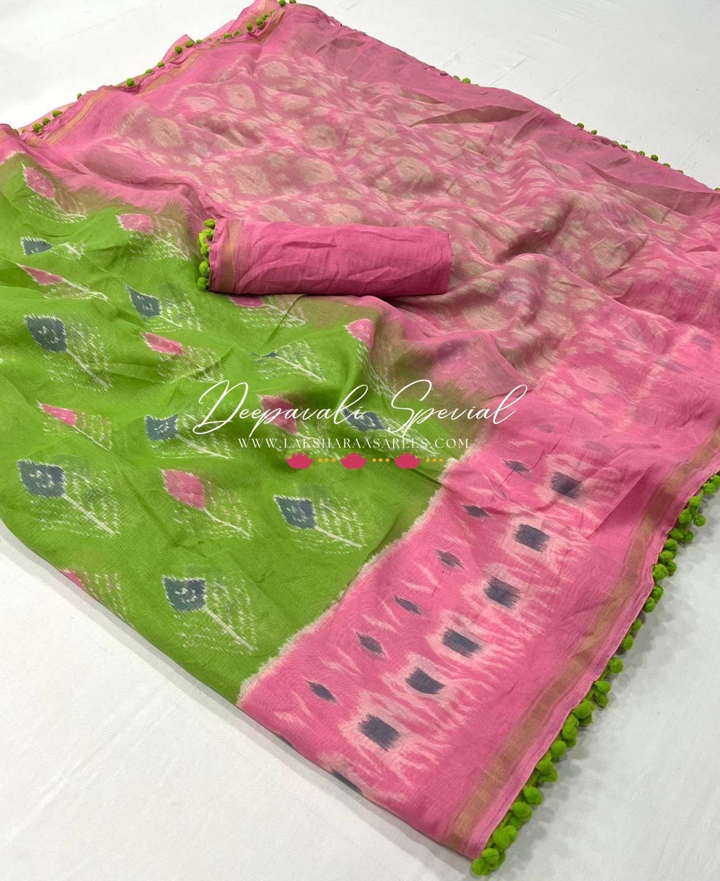 Colourful Mul Mul Cotton Saree x Pom Pom Border