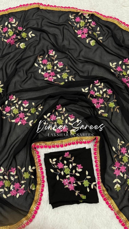 ISHTA - Floral Georgette Saree x Pink Tassel Border