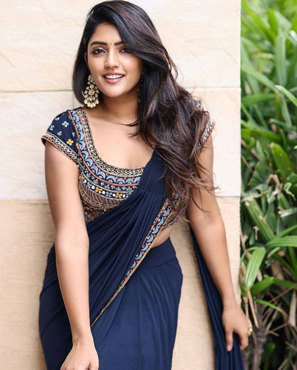 Navy Blue Readymade Saree x Stitched designer blouse