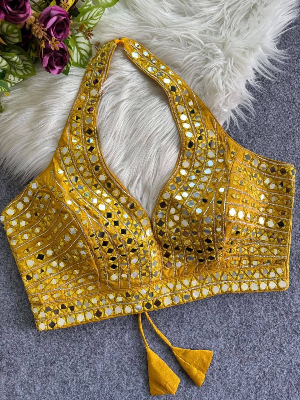 Laksharaa Sarees Readymade Halter top mirrors work blouse Bright Yellow