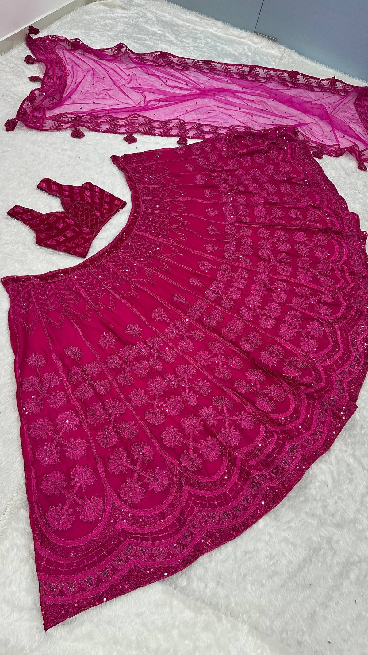 Laksharaa Sarees Premium Rani Pink Floral Lehenga Rani Pink full set laid out