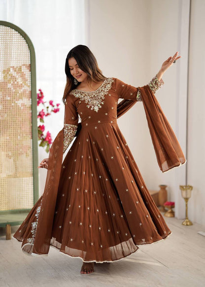 Laksharaa Sarees MYRA — Georgette Anarkali Suit Brown Front View