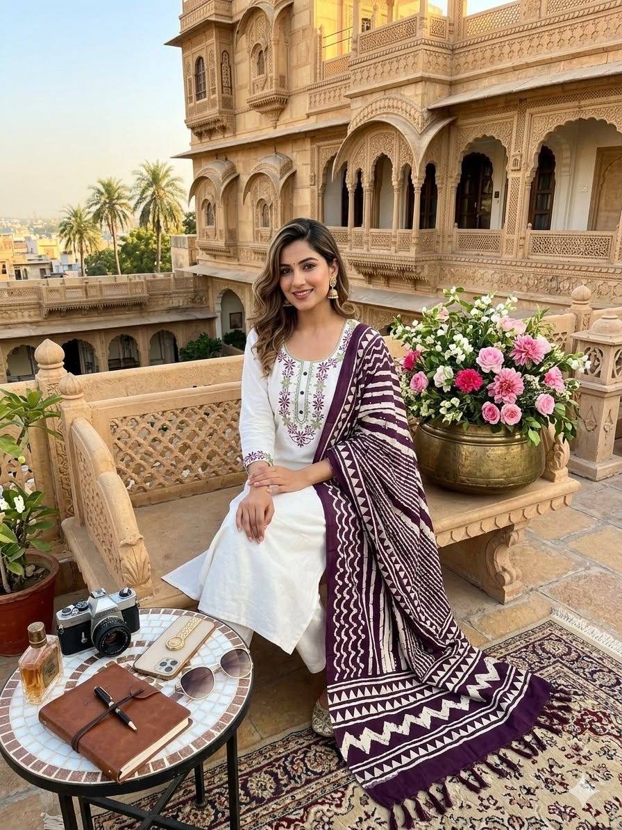 Laksharaa Sarees Kadhi Kurti Set Off-White Model Seated