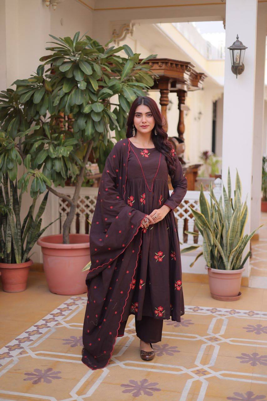 Laksharaa Sarees Floral Cotton Comfy Kurti Set Dark Brown Front View