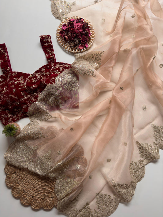 ALICIA — Pretty Peach X Red Shimmer Tissue Saree with Embroidered Blouse