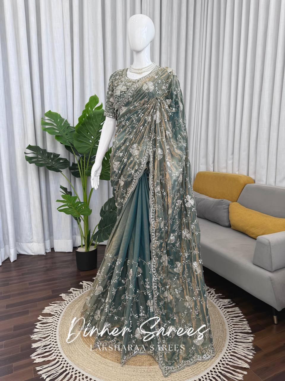 Laksharaa Sarees MERLIN Grey Shimmer Partywear Saree with sequin work on mannequin, full length