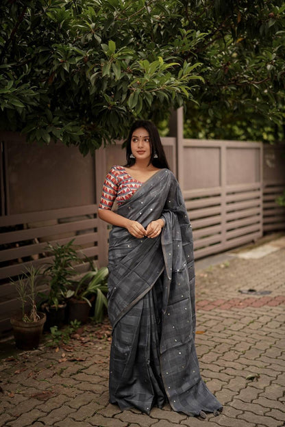 Comfy Linen Cotton Chex Saree x Free Earring