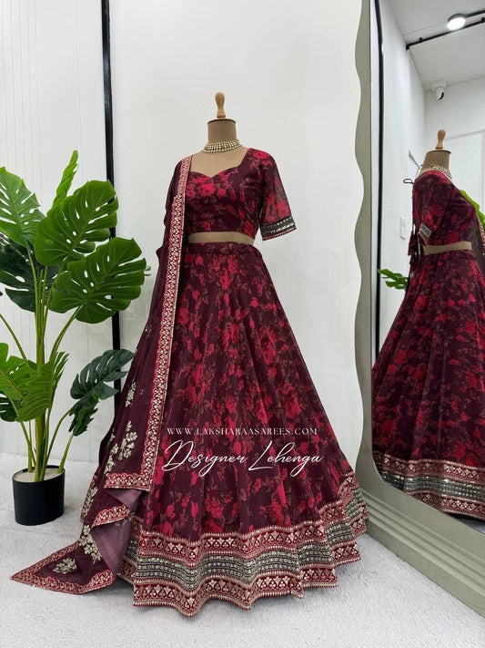 Maroon x Red Floral Georgette Lehenga