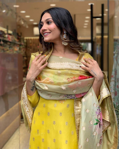 Yellow Floral Mustard Kurti Suit