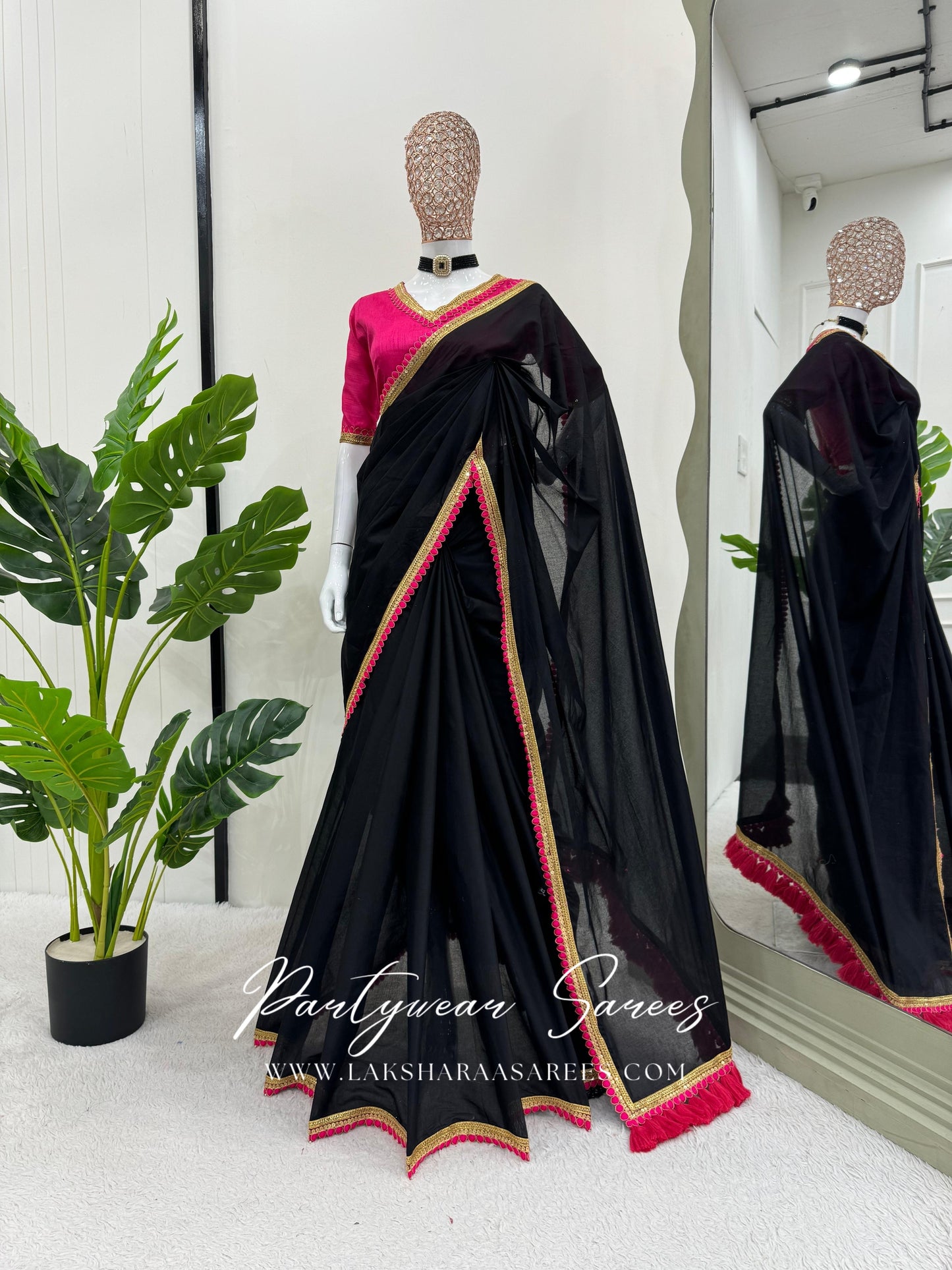 ISAI - Black Mul Cotton Saree x Pink Tassel Border