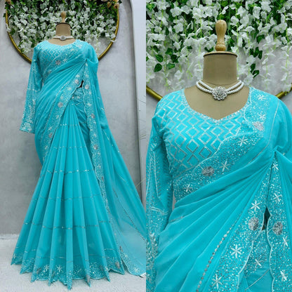 Arya Turqouise Blue Partywear Georgette Saree