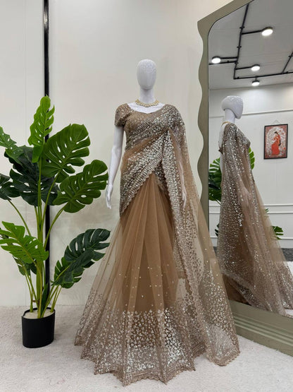 ELLE - Champagne Brown Georgette Net Dinner Saree