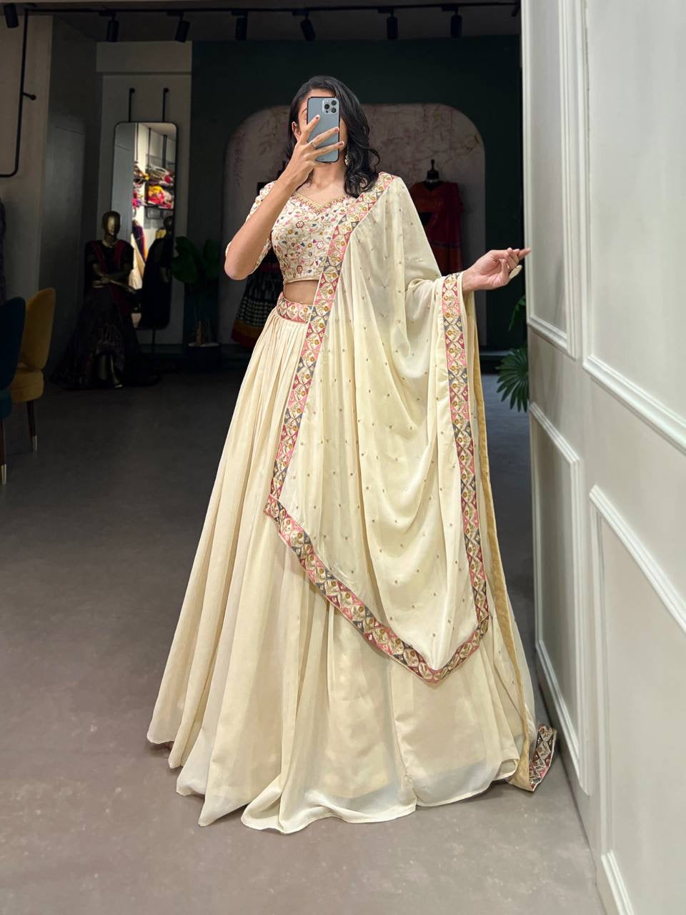 Cream Floral Georgette Lehenga