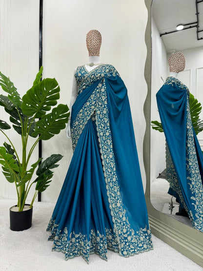 Blue Partywear Georgette Saree x Floral Embroidery