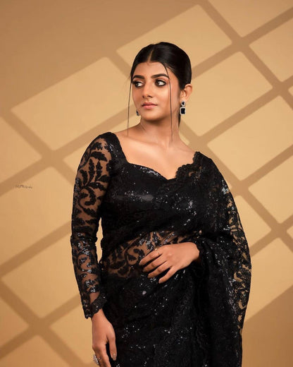 Black Partywear Net Saree x Leaf Motif