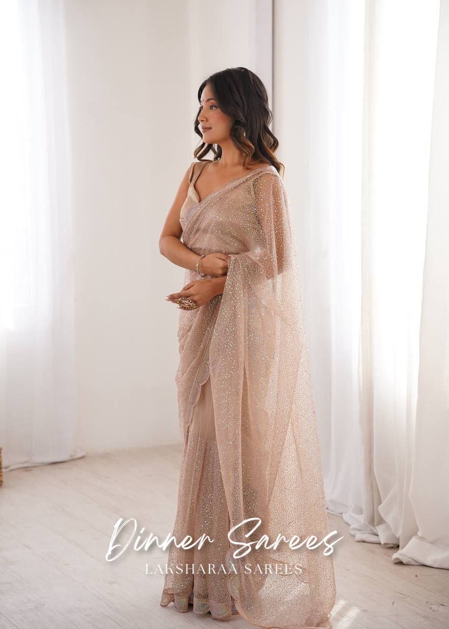 Laksharaa Sarees YASHVI - Partywear Net Georgette Saree Champagne on Model Side View