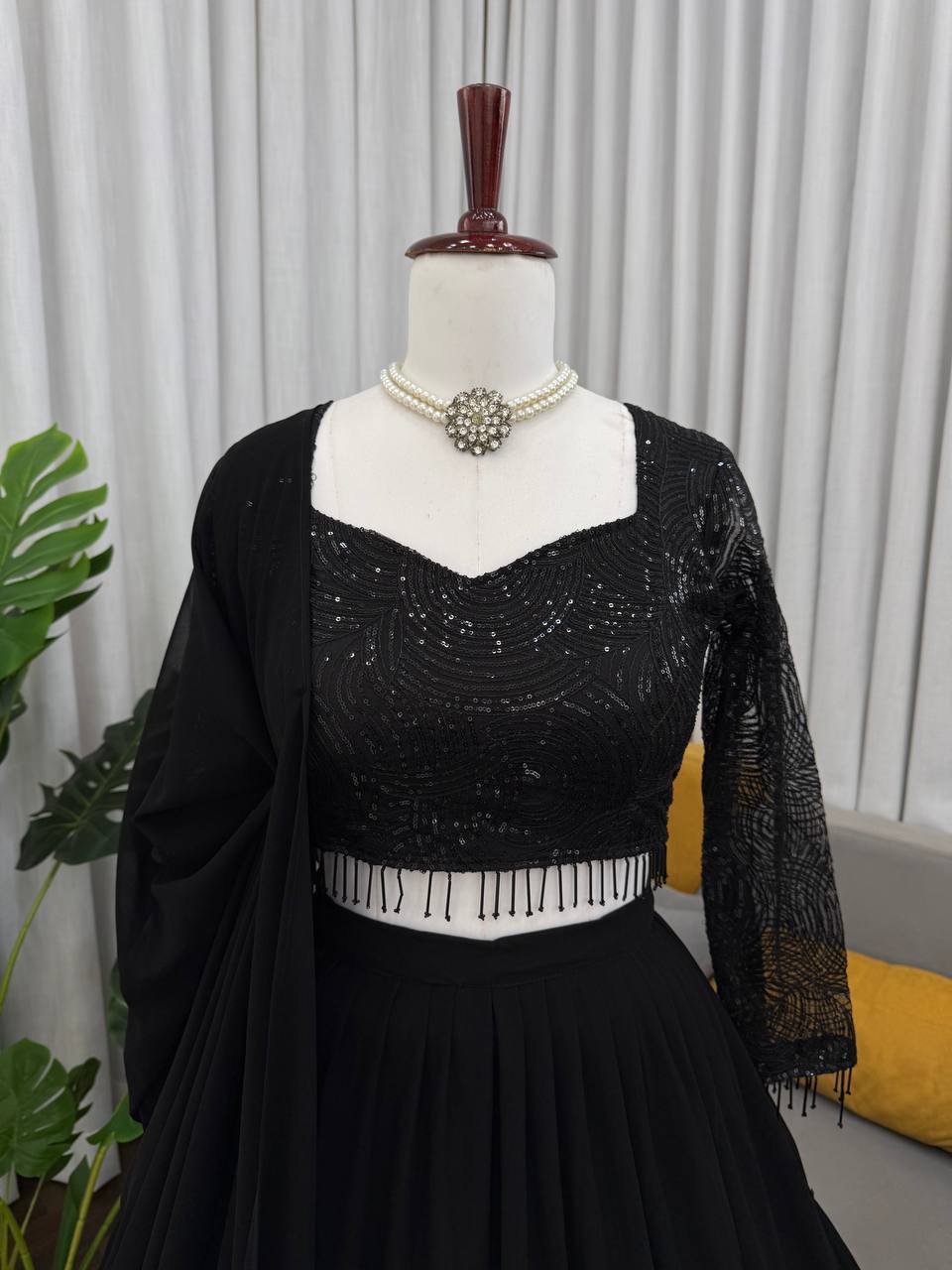Laksharaa Sarees Black RUFFLE Georgette Lehenga Blouse Detail Front
