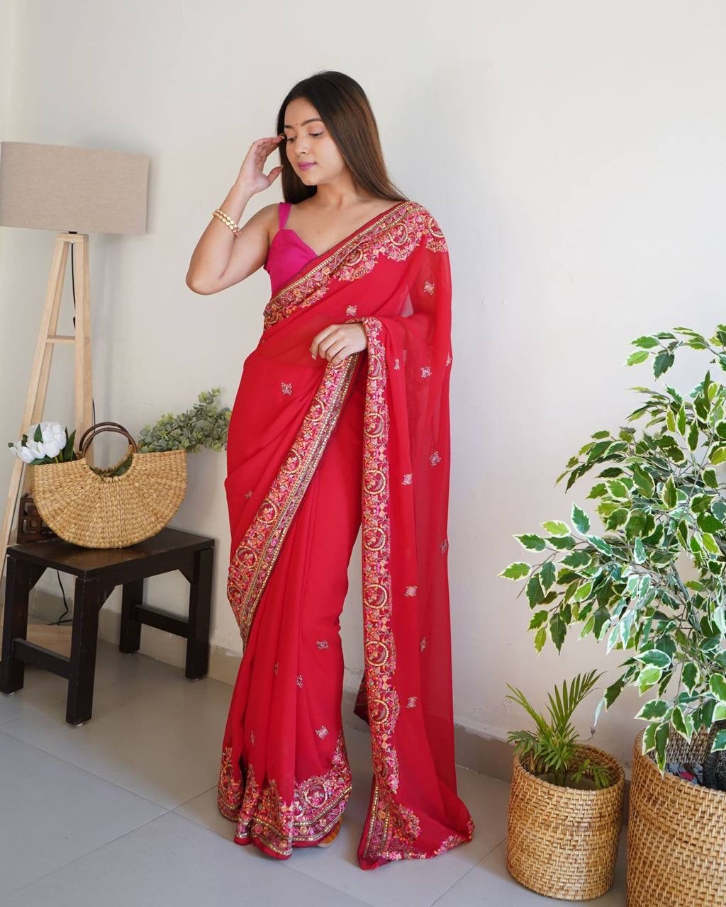 NEHA - Georgette Saree with Floral Embroidery Border Work