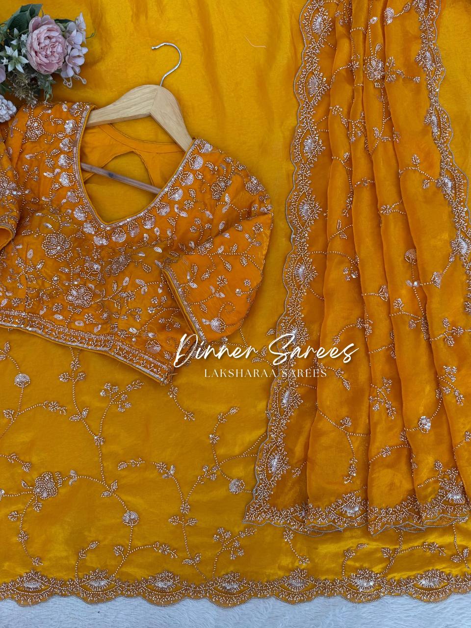 Laksharaa Sarees MEENA Designer Saree Mustard Yellow laid out with embroidered blouse and border