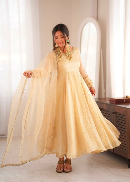 Laksharaa Sarees SANRIA - Premium Crush Silk Anarkali Suit Champagne