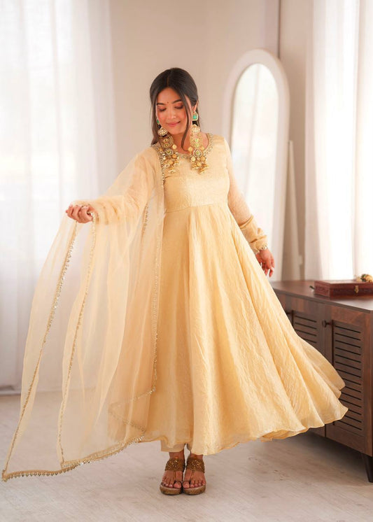 Laksharaa Sarees SANRIA - Premium Crush Silk Anarkali Suit Champagne