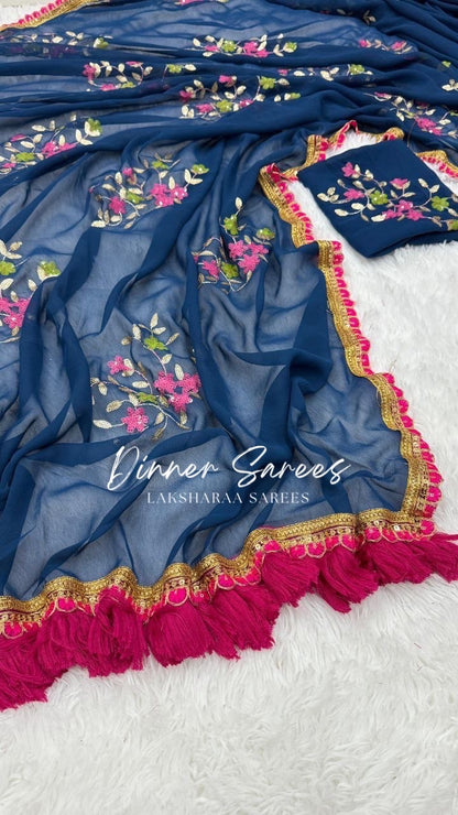 ISHTA - Floral Georgette Saree x Pink Tassel Border