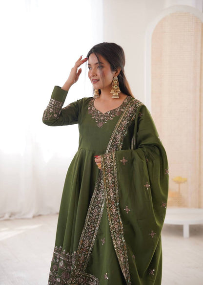 Laksharaa NAVIRA Roman Silk Anarkali Suit Olive Green Standing Pose