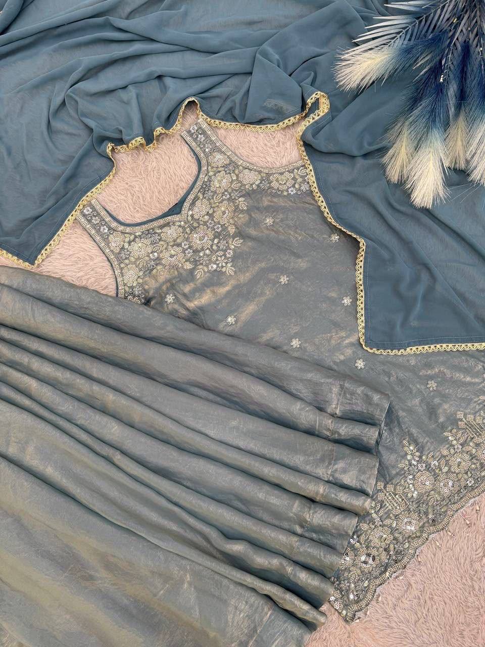 Laksharaa Sarees Shimmer Sharara Suit Teal Full Set Flat Lay Overhead View