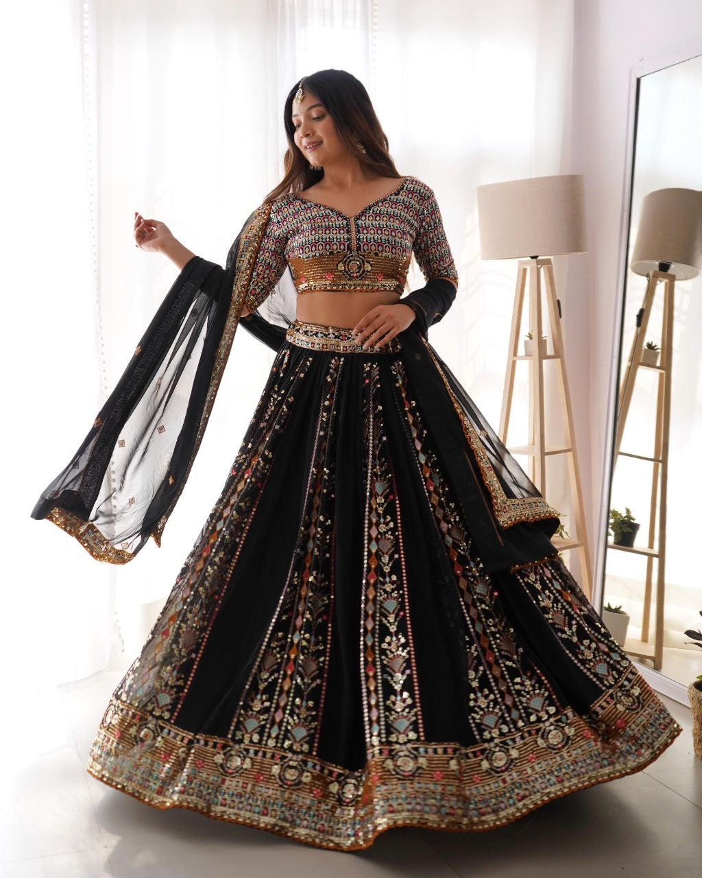 Black x Multicoloured Lehenga