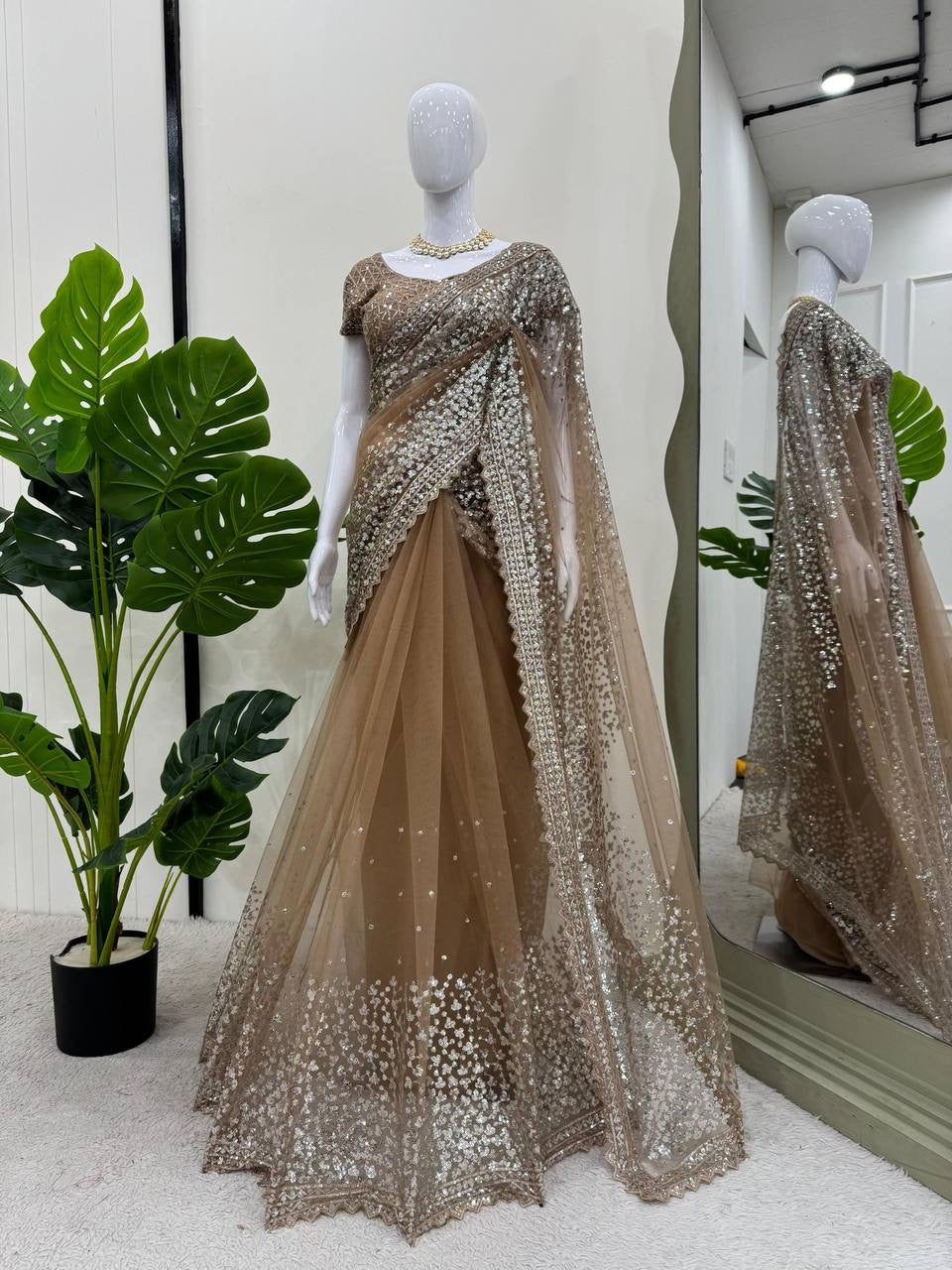 ELLE - Champagne Brown Georgette Net Dinner Saree