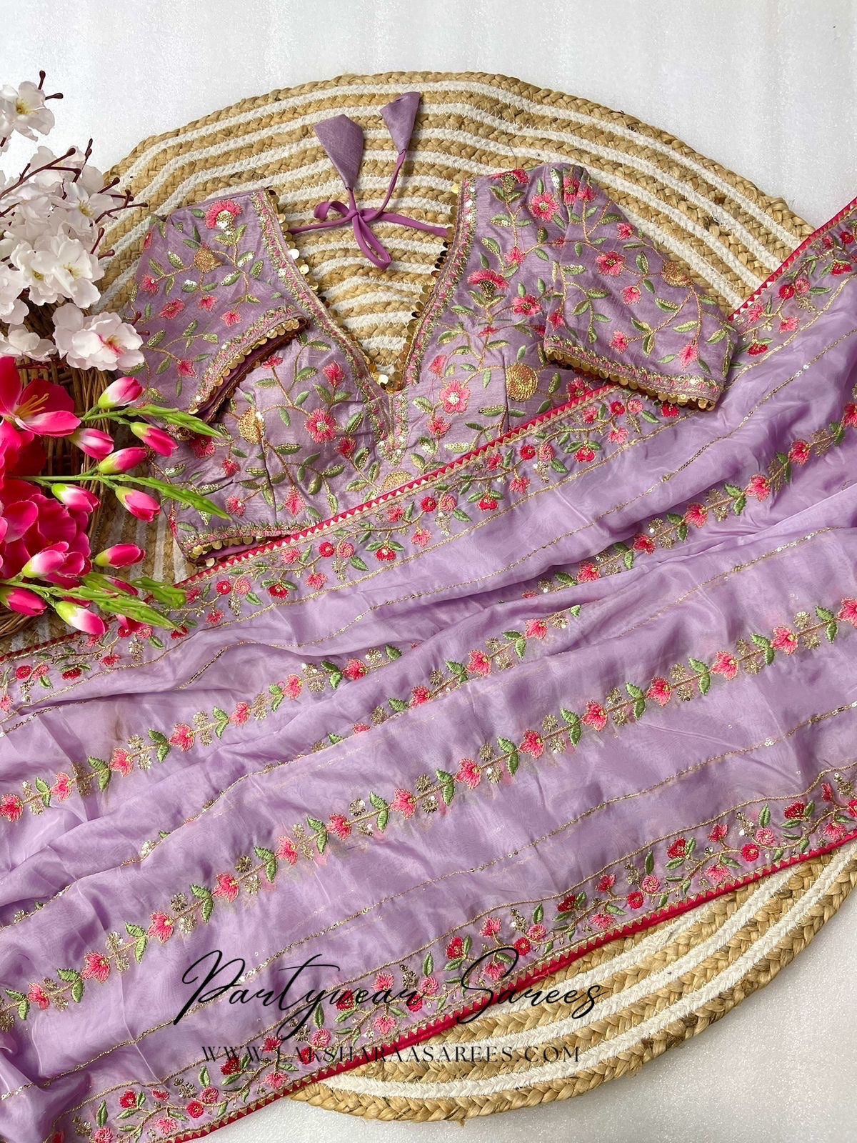 RANGOLI - Georgette Saree with floral embroidery work x readymade blouse