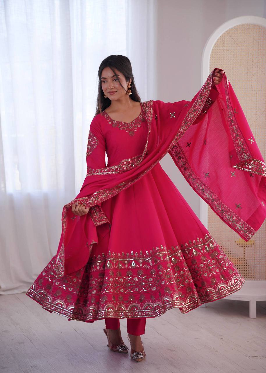 Laksharaa Sarees NAVIRA — Roman Silk Anarkali Suit Hot Pink Front View