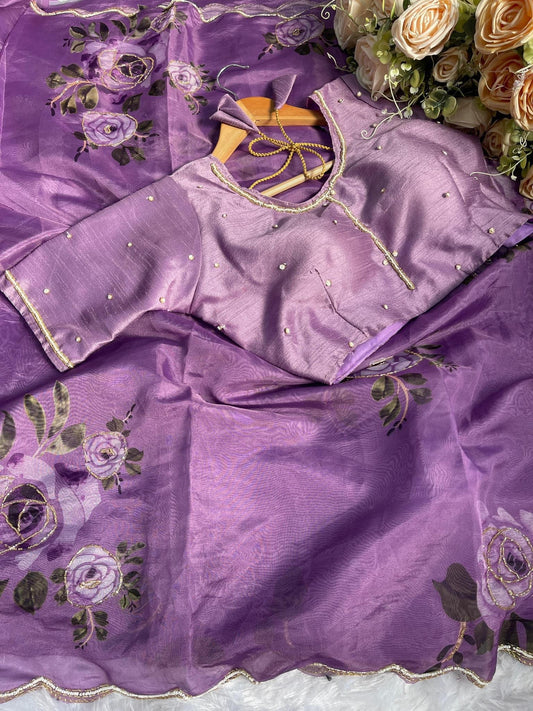 Purple Rose Organza Saree paired with Readymade Blouse 🌹