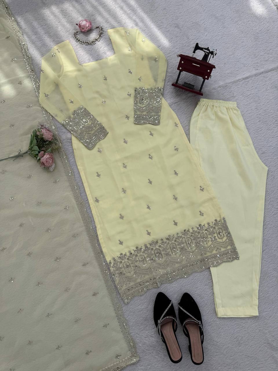 Laksharaa Sarees Georgette Pakistani Salwar Kameez Pale Yellow Flat Lay